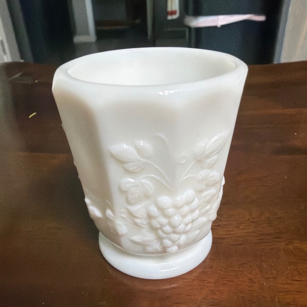 Vintage Westmoreland Milk Glass Paneled Grape Toothpick Holder White Footed Cup